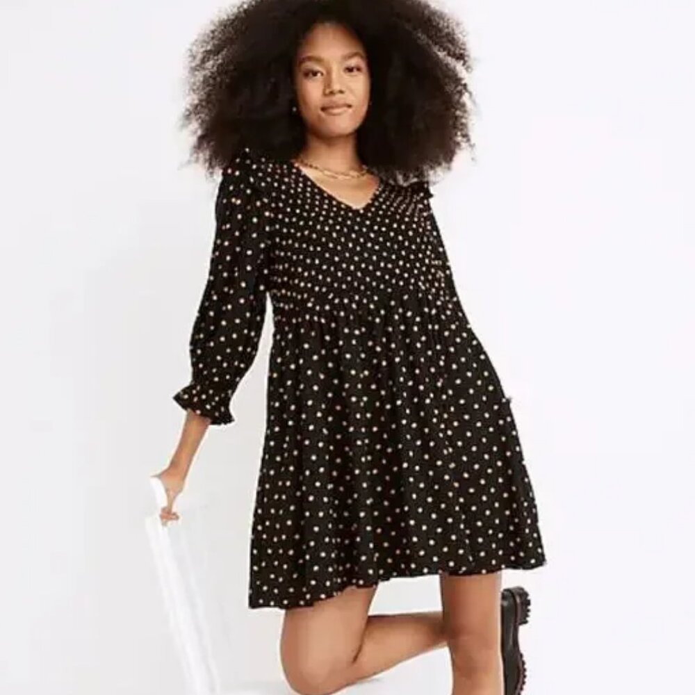 Madewell Lucie V-Neck Smocked Mini Dress in Oval Dot